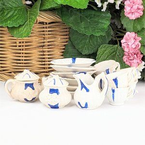 Antique Porcelain Blue White MIniature Tea Set 17pc Vintage Childs Tea Party Set
